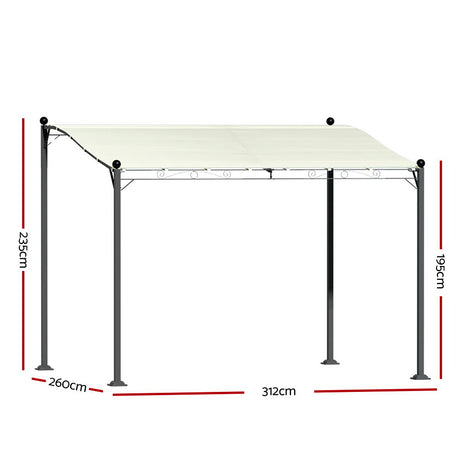Angled view of the beige iron art garden gazebo and its canopy
