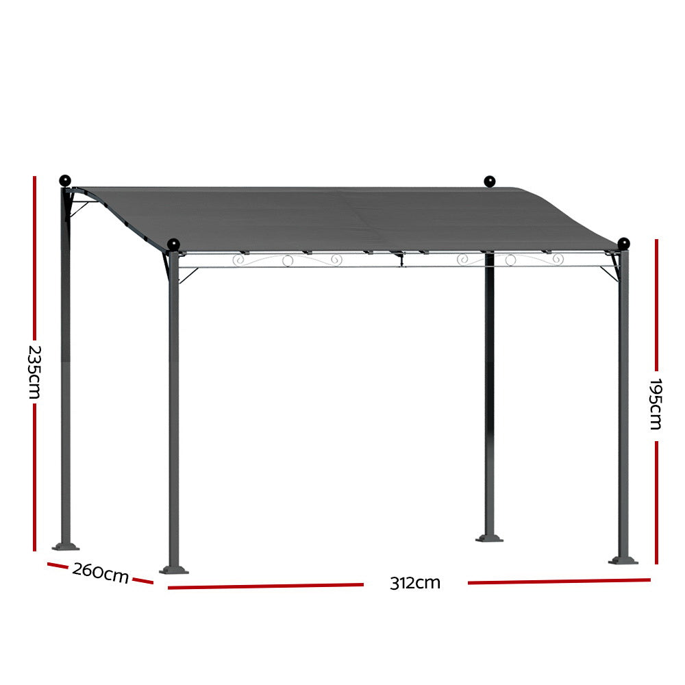 Angled view of the grey iron art garden gazebo and its canopy