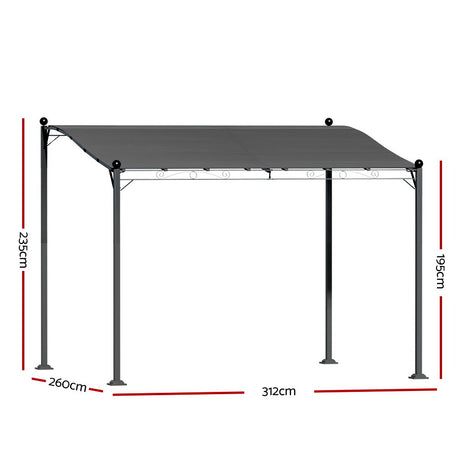 Angled view of the grey iron art garden gazebo and its canopy