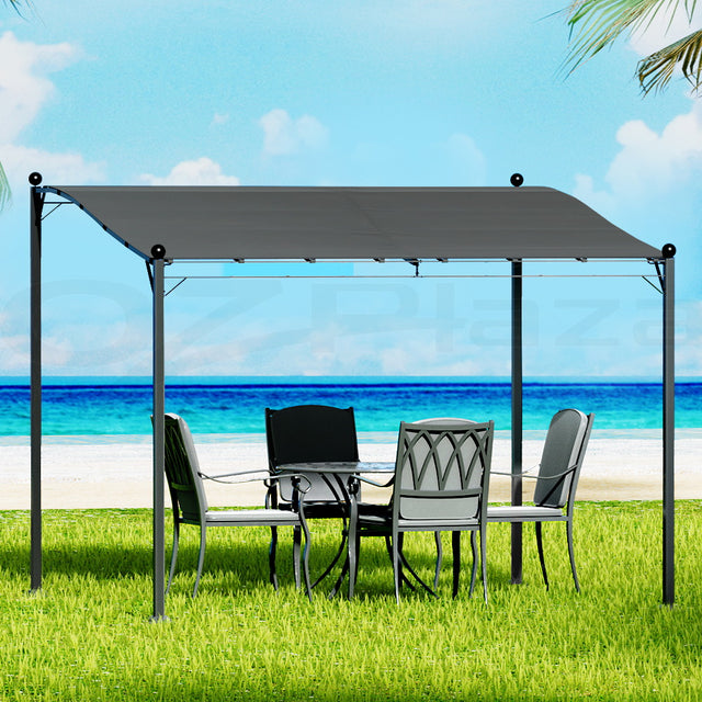Grey 312 x 260 cm iron art gazebo with decorative steel frame in a garden