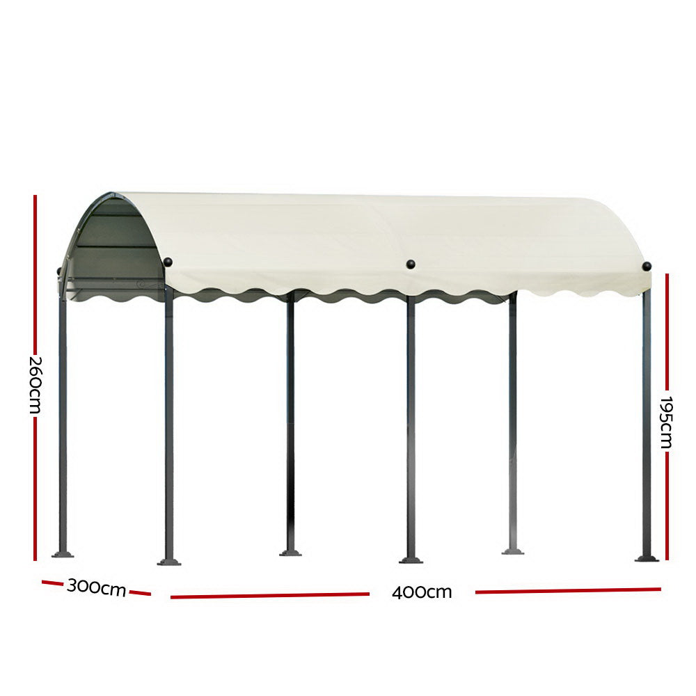 Angled view of the beige 4 x 3 m iron art gazebo and its canopy