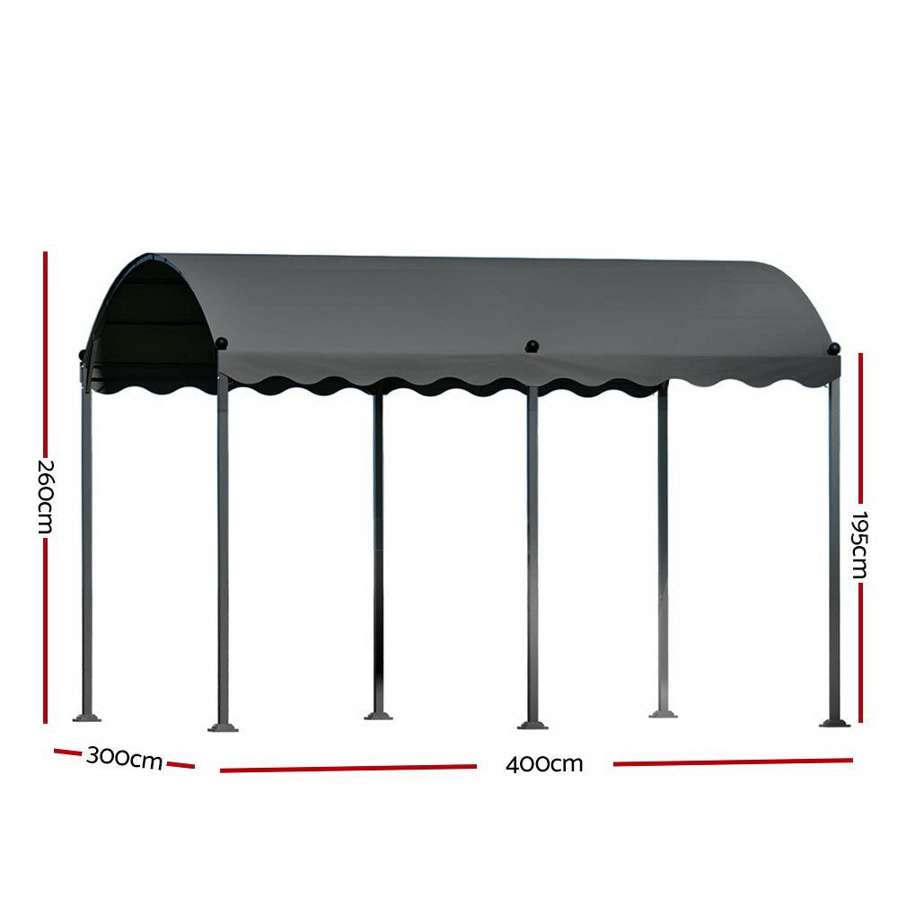 Angled view of the grey 4 x 3 m iron art gazebo and its canopy