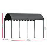 Angled view of the grey 4 x 3 m iron art gazebo and its canopy