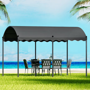 Grey 4 x 3 m iron art gazebo with decorative steel frame in a garden
