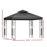 Front view of grey 3 x 3 m gazebo showing ornate iron art corner detailing
