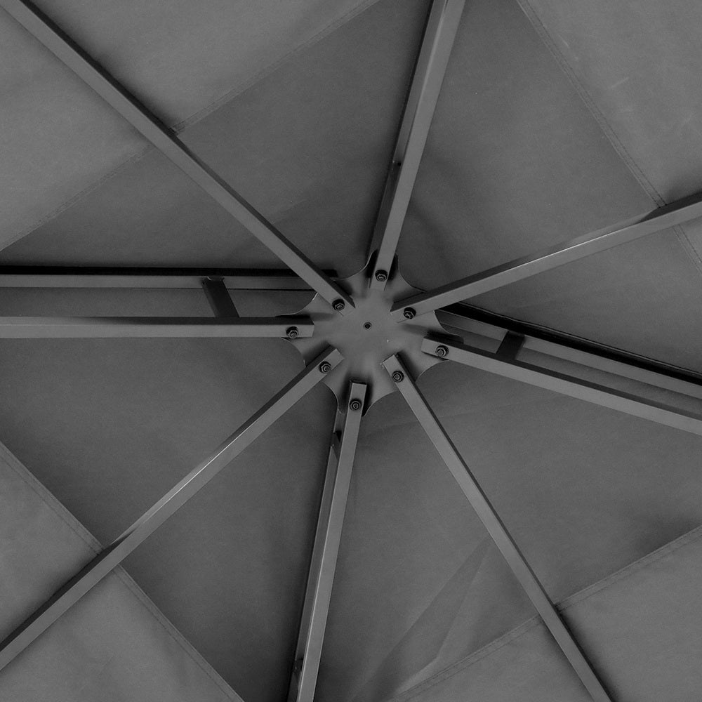 Side angle of grey outdoor marquee gazebo with steel legs and peaked roof