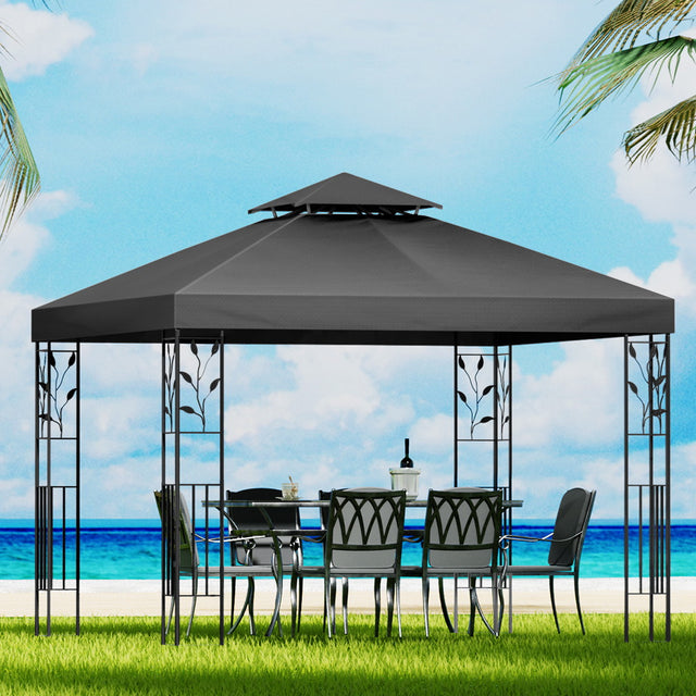 Grey 3 x 3 m iron art gazebo set up outdoors with steel frame and shade canopy