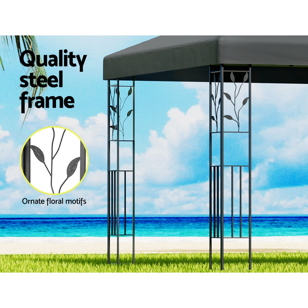 Grey gazebo canopy roof detail showing water resistant PE fabric and seams