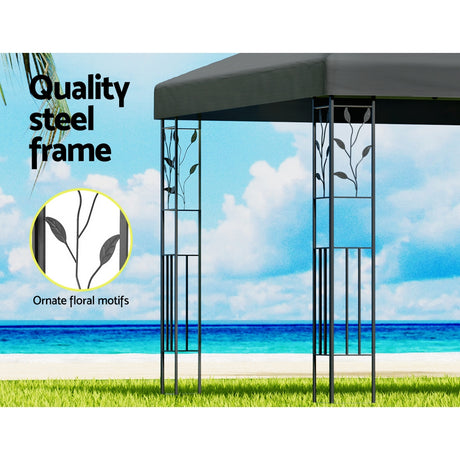 Grey gazebo canopy roof detail showing water resistant PE fabric and seams