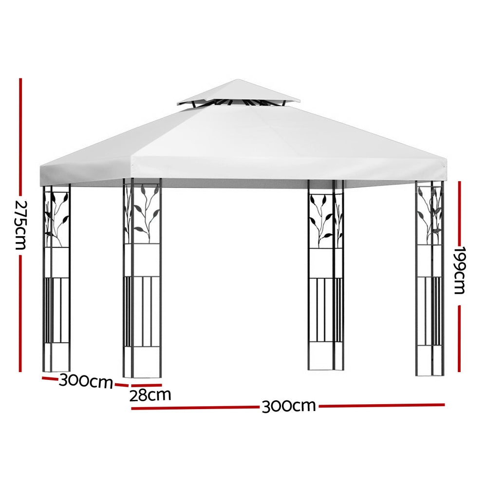 Front view of the white iron art gazebo showing ornate scroll corner detailing