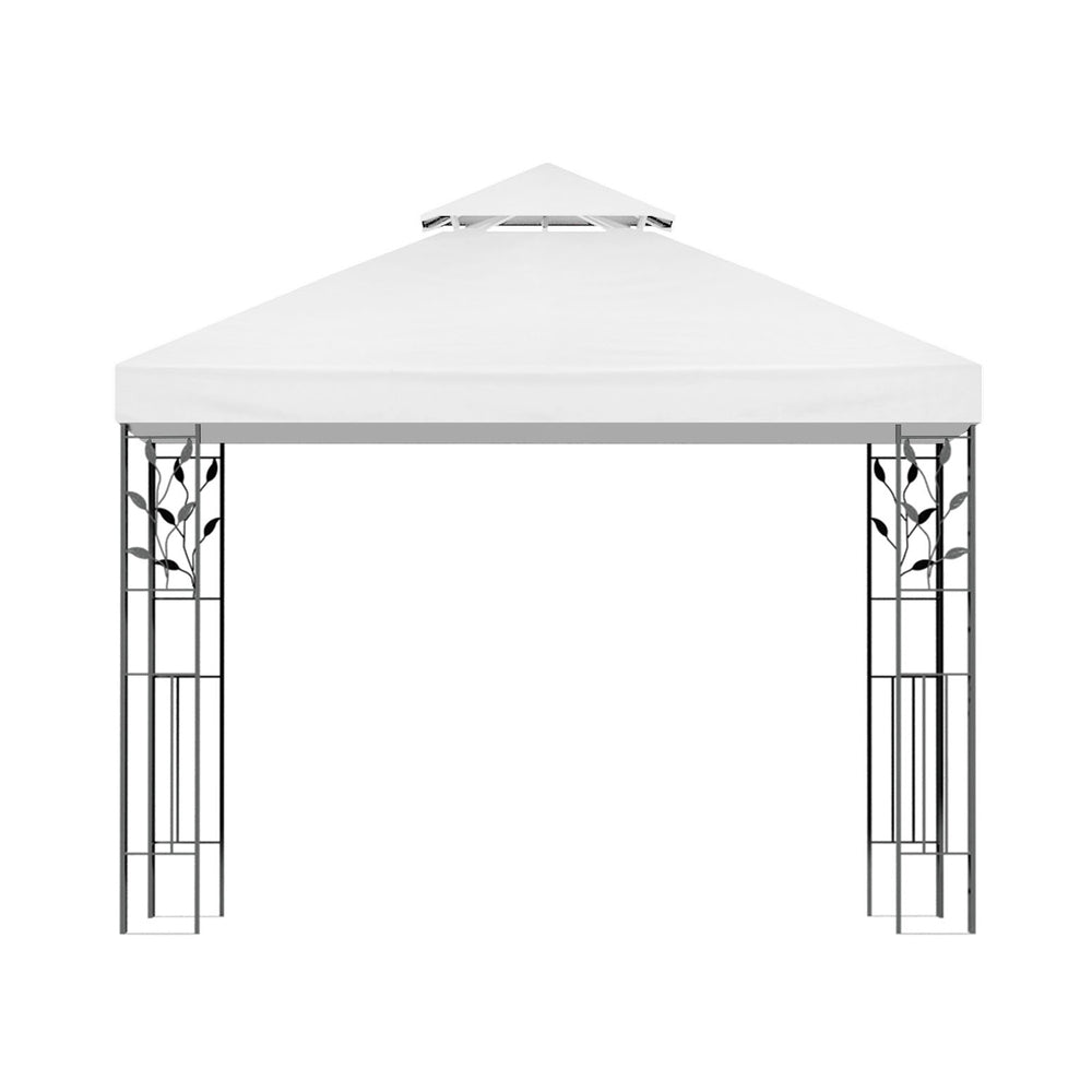 Side angle of white 3 x 3 m marquee gazebo with peaked canopy and steel legs