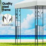 White gazebo canopy detail showing water resistant PE fabric and stitched seams