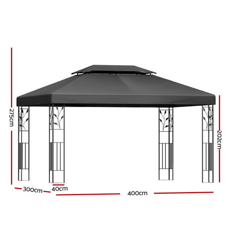 Angled view of the grey 4 x 3 m iron art gazebo and its canopy