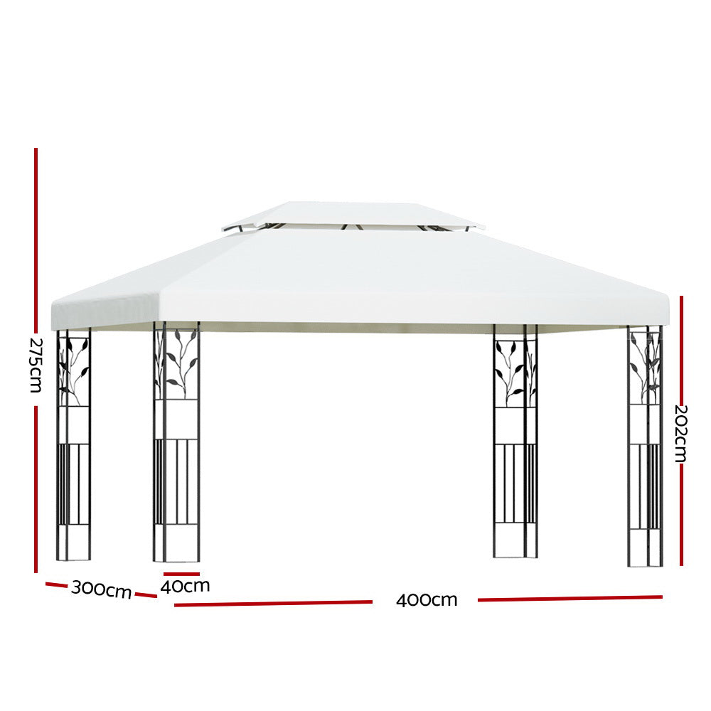 Angled view of the white 4 x 3 m iron art gazebo and its canopy