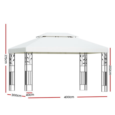 Angled view of the white 4 x 3 m iron art gazebo and its canopy