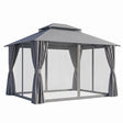 Grey 3 x 3 m gazebo with double roof and curtains set up in a garden