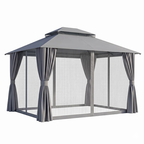 Grey 3 x 3 m gazebo with double roof and curtains set up in a garden
