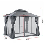 Gazebo with mosquito mesh walls zipped closed around the frame