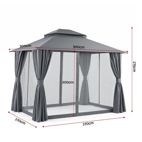 Gazebo with mosquito mesh walls zipped closed around the frame