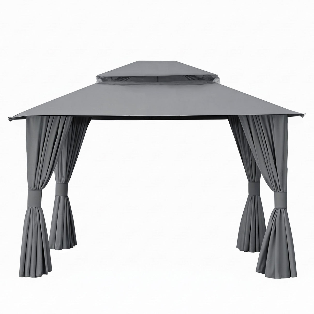 Curtains tied back on the grey gazebo showing an open side