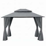 Curtains tied back on the grey gazebo showing an open side