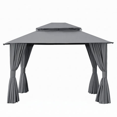 Curtains tied back on the grey gazebo showing an open side