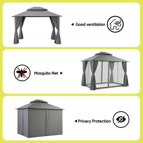 Outdoor dining setting sheltered under the grey 3 x 3 m gazebo