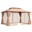 Beige 3 x 4 m patio gazebo with double roof and curtains set up in a garden