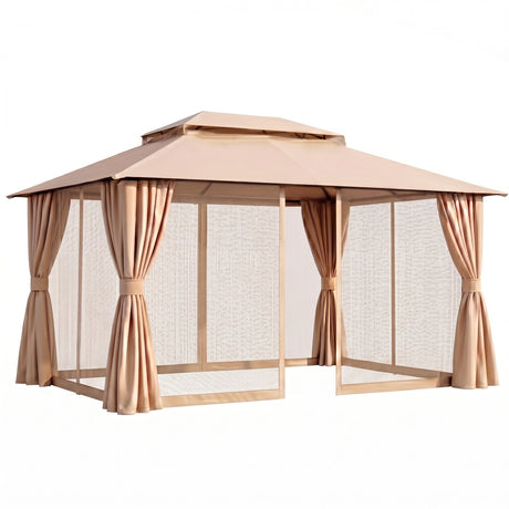 Beige 3 x 4 m patio gazebo with double roof and curtains set up in a garden