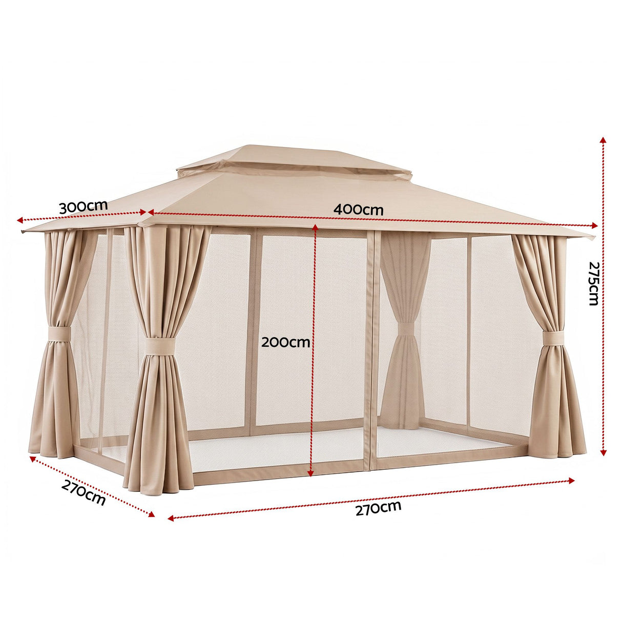 Beige gazebo with mosquito mesh walls zipped closed around the frame