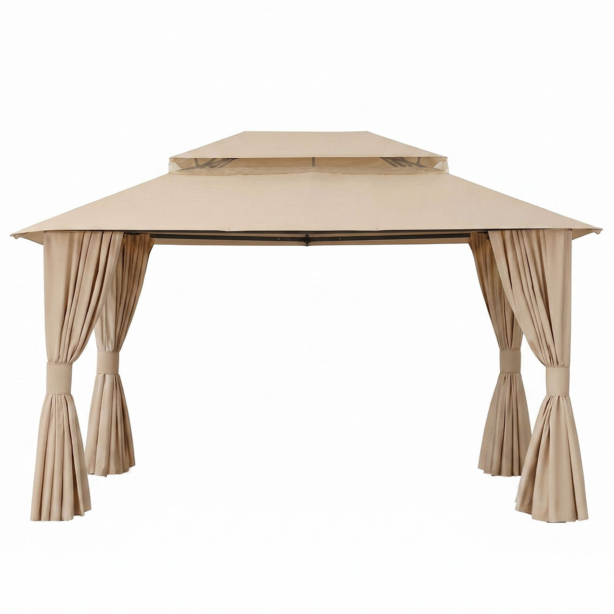 Beige gazebo with curtains tied back showing the open interior space