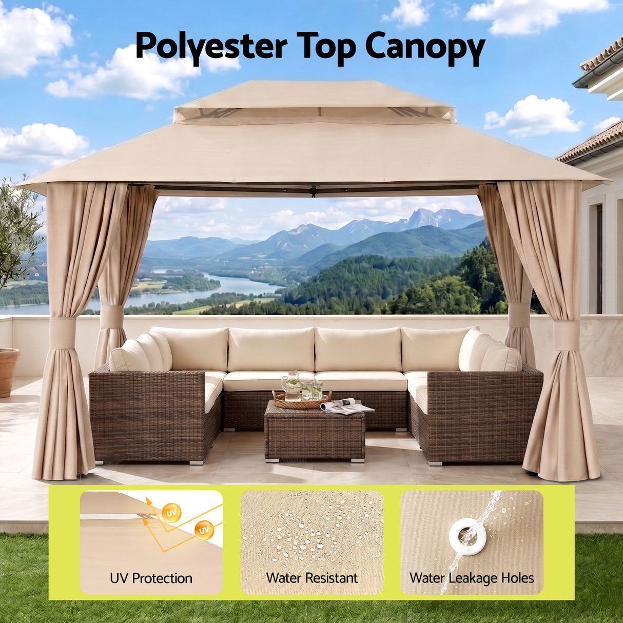 Close up of the ventilated double roof vent on the beige patio gazebo