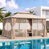 Beige gazebo shading an outdoor dining setting on a paved patio