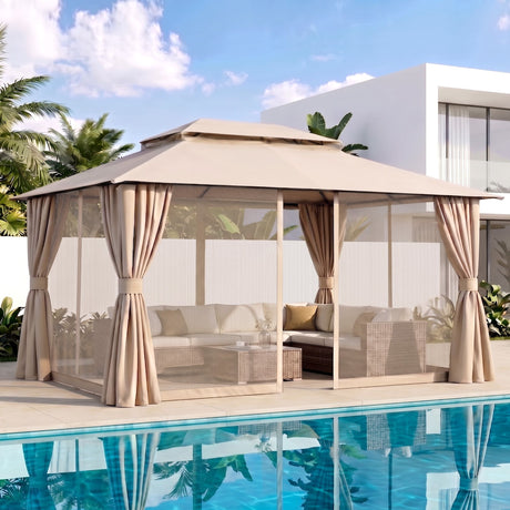Beige gazebo shading an outdoor dining setting on a paved patio