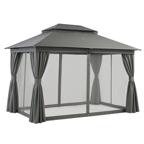 Ibiza grey steel frame gazebo with curtains and flyscreens on a patio