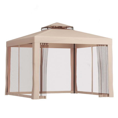Brown 3 x 3 m outdoor party gazebo with mesh walls shown in full