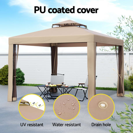 Vented double roof of the brown 3 x 3 m outdoor gazebo