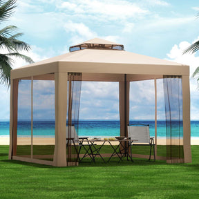Brown 3 x 3 m gazebo with insect mesh walls set up in a garden