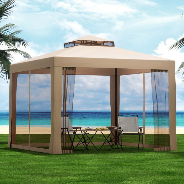 Brown 3 x 3 m gazebo with insect mesh walls set up in a garden