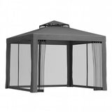 Grey 3 x 3 m gazebo with insect mesh walls set up in a garden