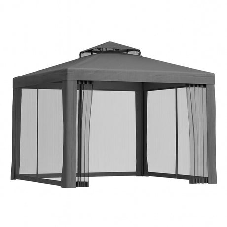 Grey 3 x 3 m gazebo with insect mesh walls set up in a garden