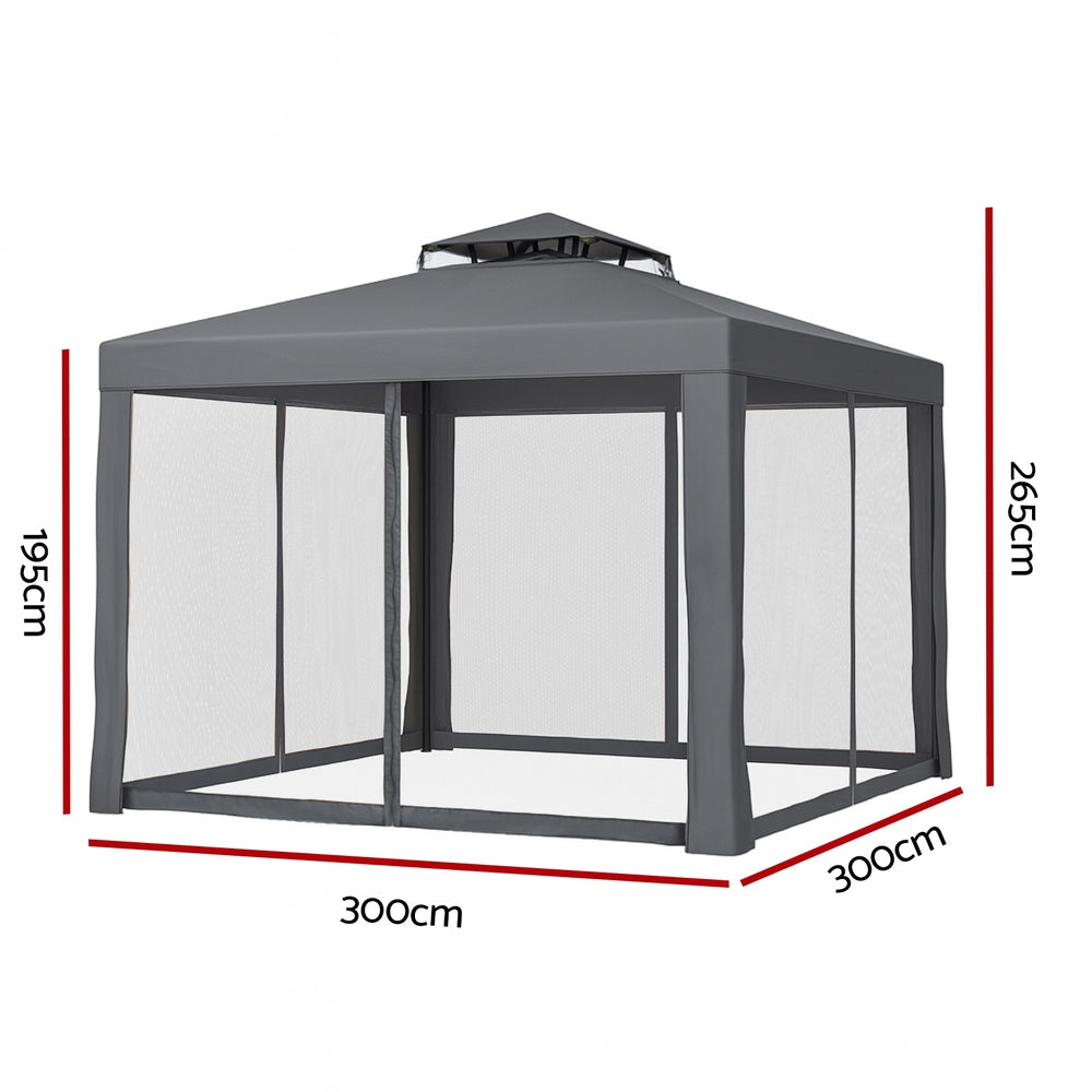 Angled view of the grey 3 x 3 m mesh wall gazebo and its roof