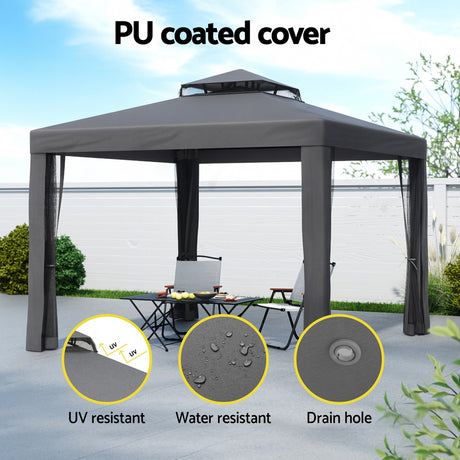 Vented double roof of the grey 3 x 3 m outdoor gazebo
