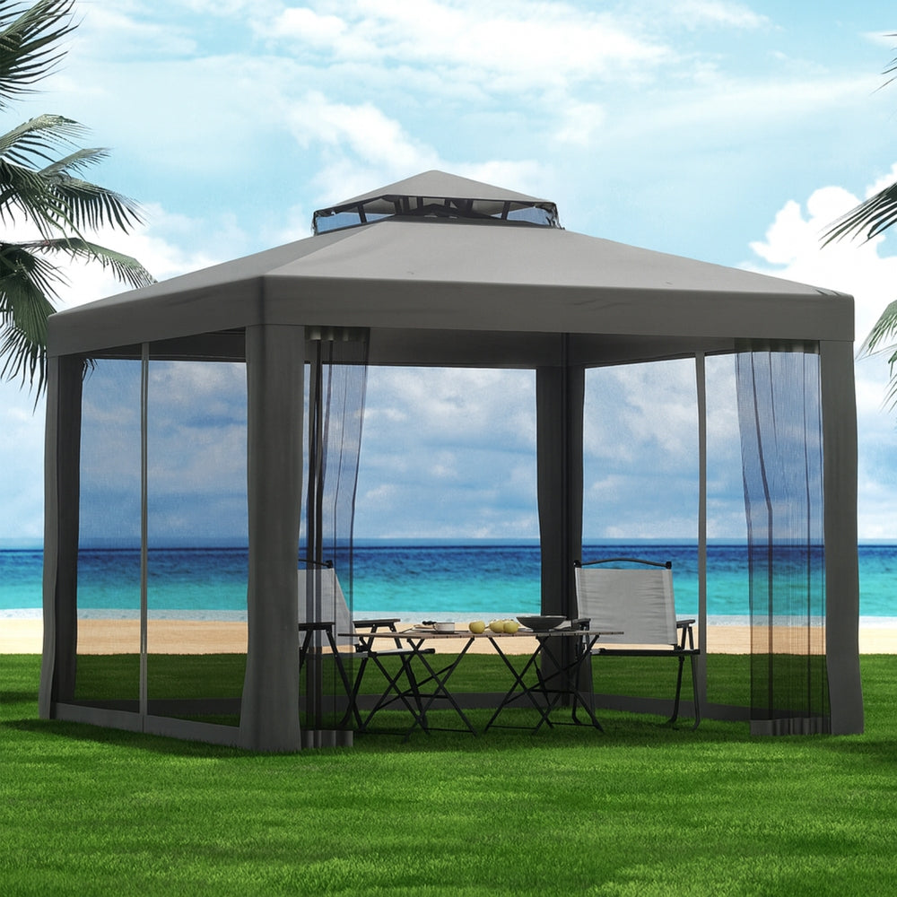 Grey 3 x 3 m outdoor party gazebo with mesh walls shown in full