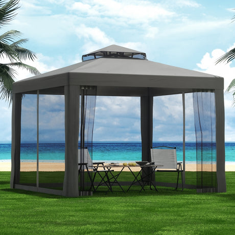 Grey 3 x 3 m outdoor party gazebo with mesh walls shown in full