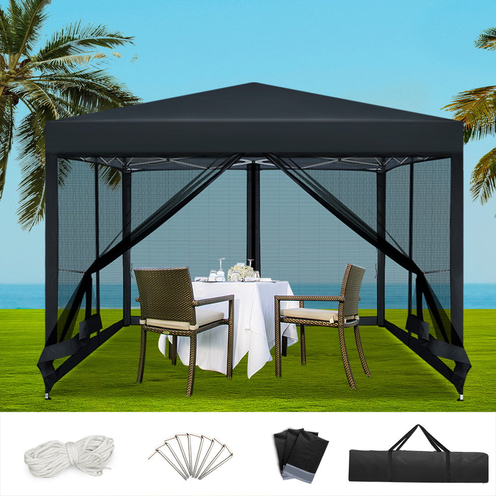 Black 3 x 3 m pop up gazebo with mesh side walls set up on grass