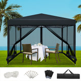 Black 3 x 3 m pop up gazebo with mesh side walls set up on grass