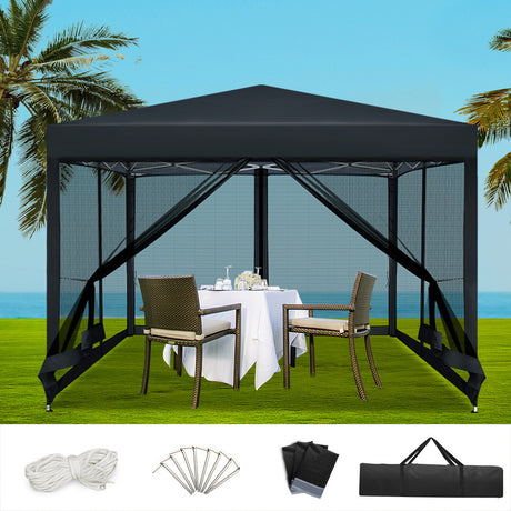 Black 3 x 3 m pop up gazebo with mesh side walls set up on grass