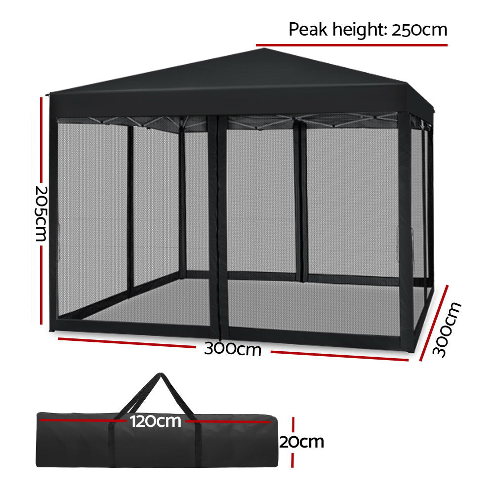 Front view of the black gazebo showing a zipped mesh entrance