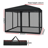 Front view of the black gazebo showing a zipped mesh entrance
